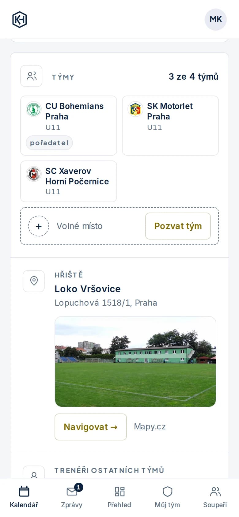 Karta Týmy: 3 ze 4 týmů (CU Bohemians Praha jako pořadatel, SK Motorlet Praha a SC Xaverov Horní Počernice) a volné místo s tlačítkem Pozvat tým, pod ní hřiště Loko Vršovice s fotkou a navigací
